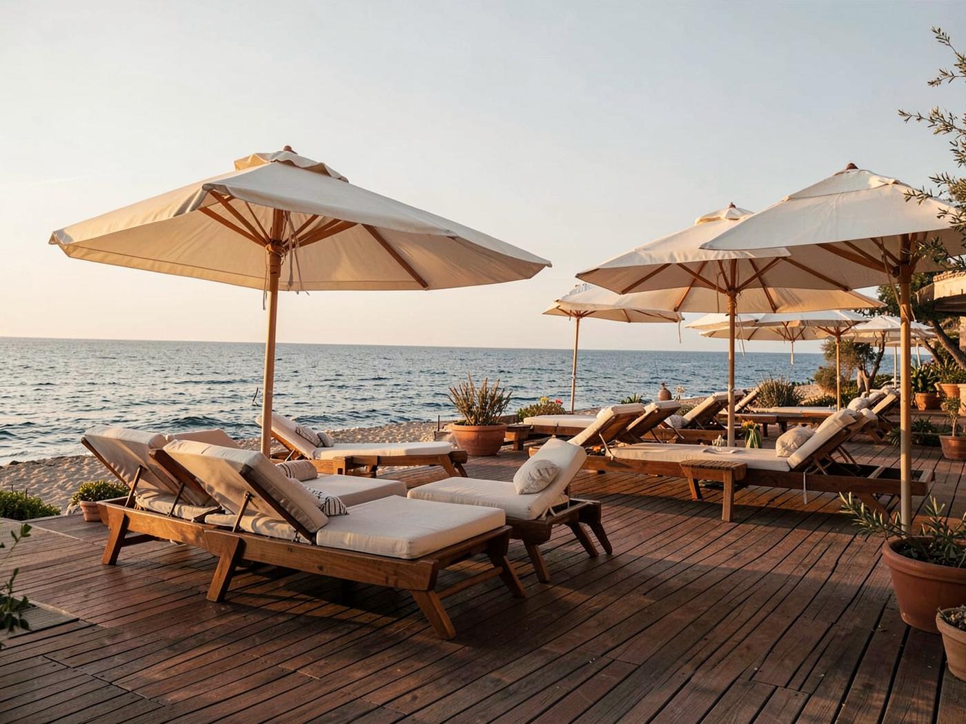 Strandklubb med parasoller vid havet