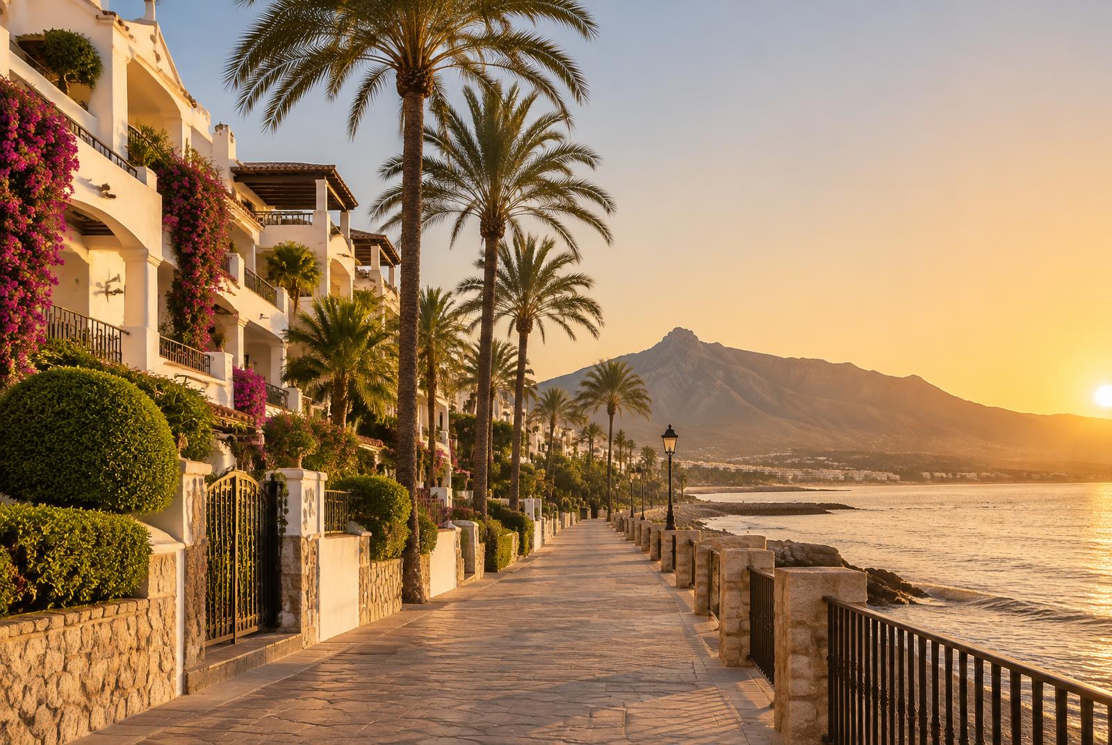 Strandpromenad med palmer i kvällsljus, Marbella