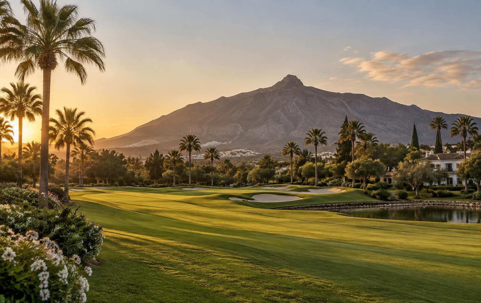 Golfbana i kvällsljus med berget La Concha bakom, Marbella