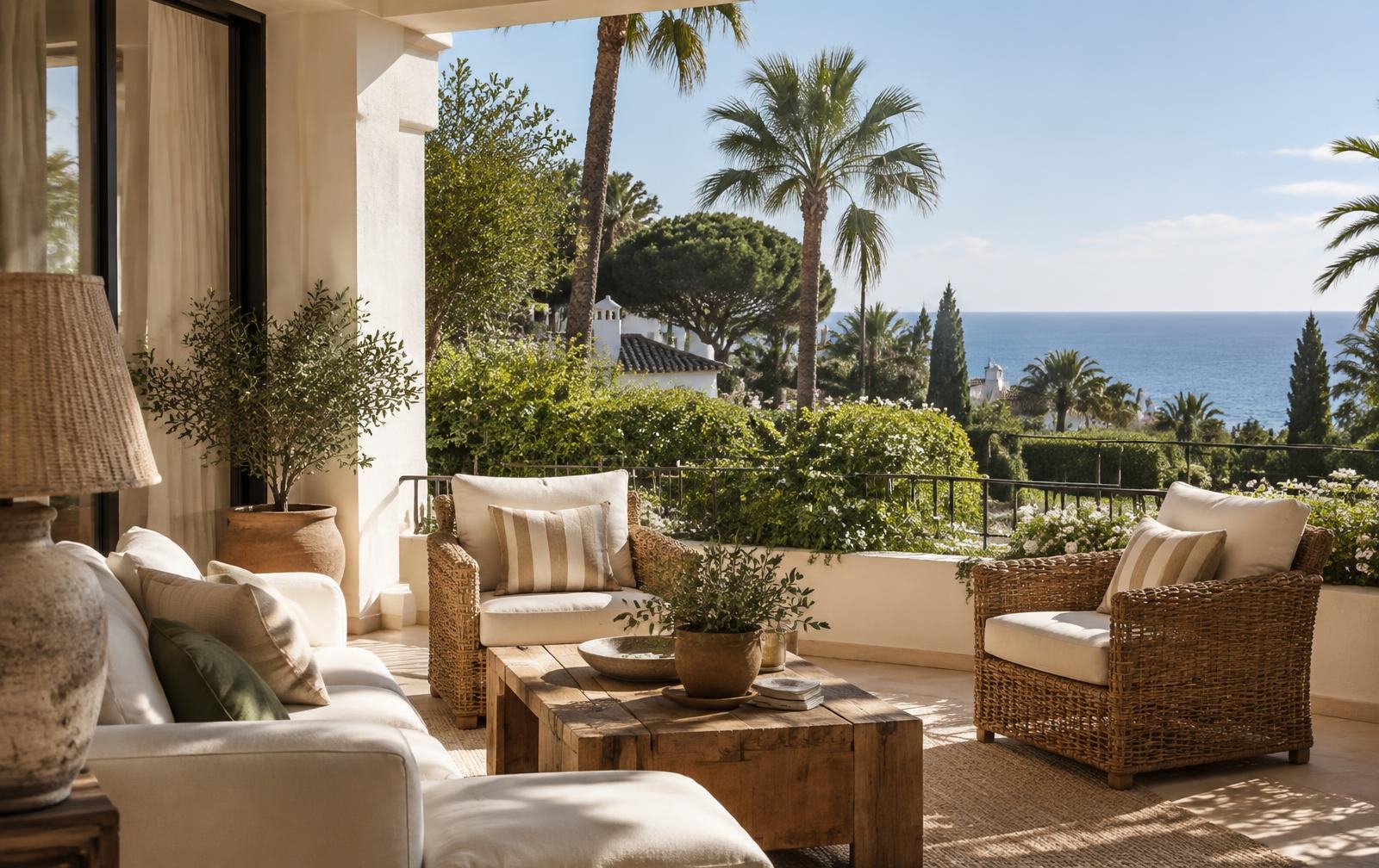 Terrass i medelhavsstil med rottingmöbler och havsglimt, Marbella