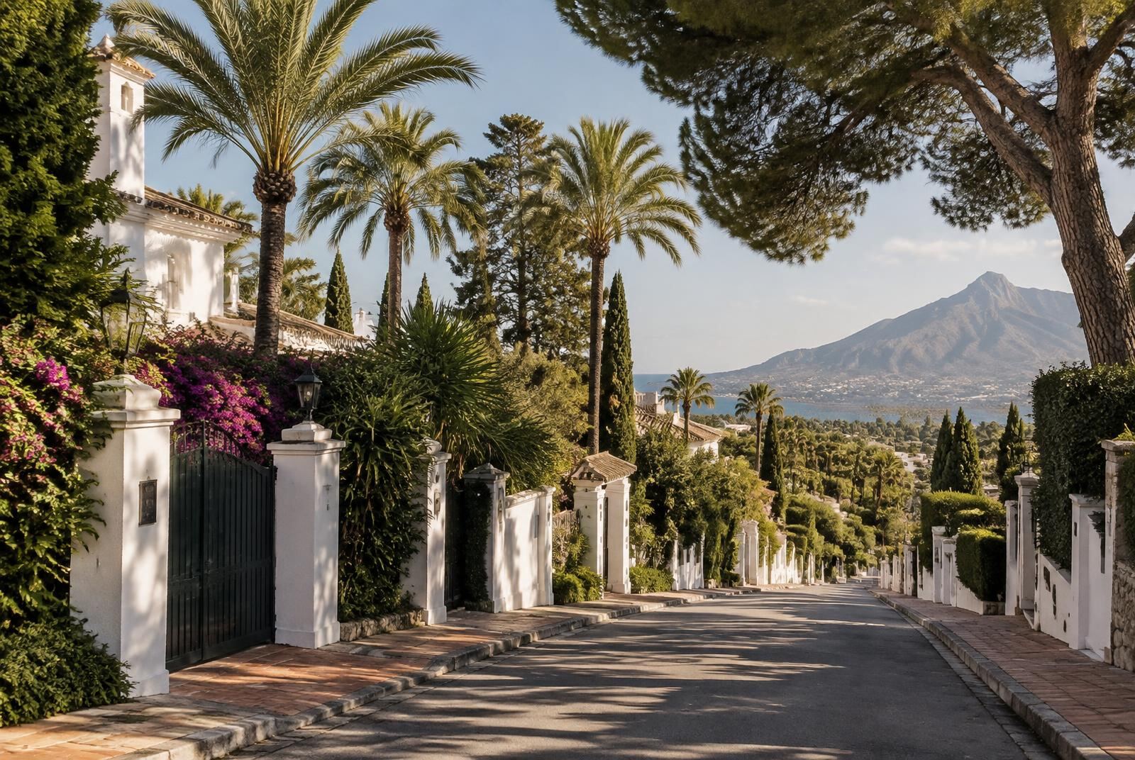Villagata med vita murar och palmer i Marbella